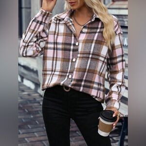 Blue B Collection Pink Brown Plaid Flannel Shirt